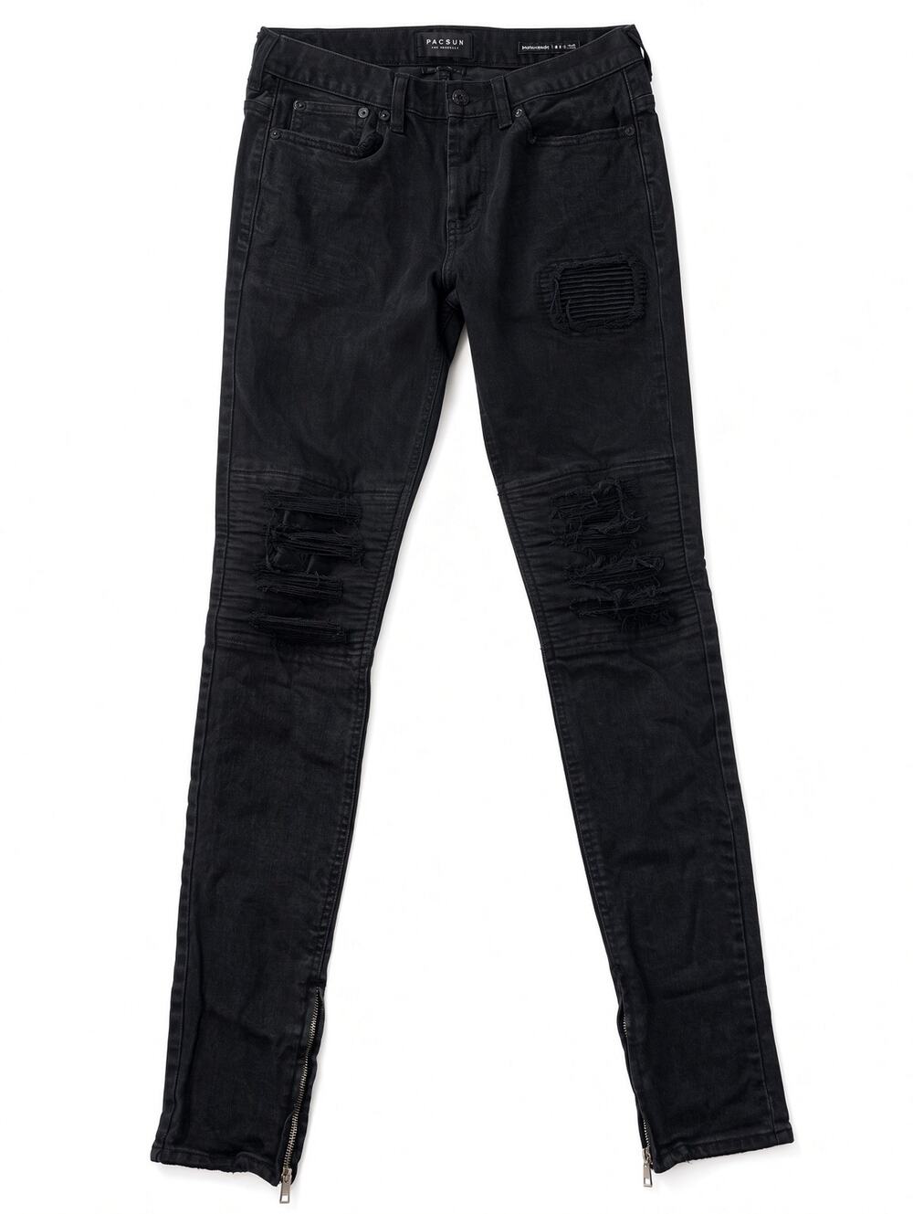 Pacsun Stacked Skinny Jeans Mens 30x32 Black Ripped Moto Ankle Zip Stretch